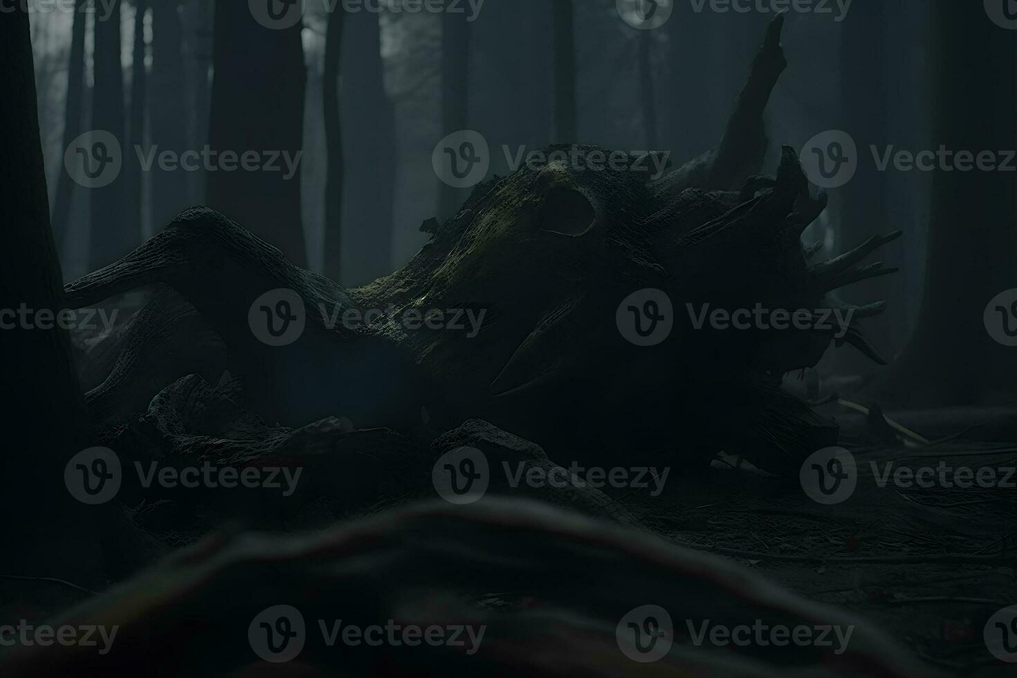AI generated Spooky Halloween dead mysterious forest creepy trees with twisted roots and two lizard on misty night forest. Scary concept. Neural network AI generated photo