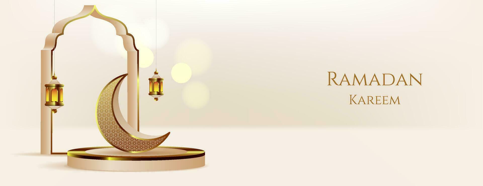 islamic background in gold color with crescent, lantern, gate and bokeh effect.realistic Ramadan Kareem banner vector design with soft color.