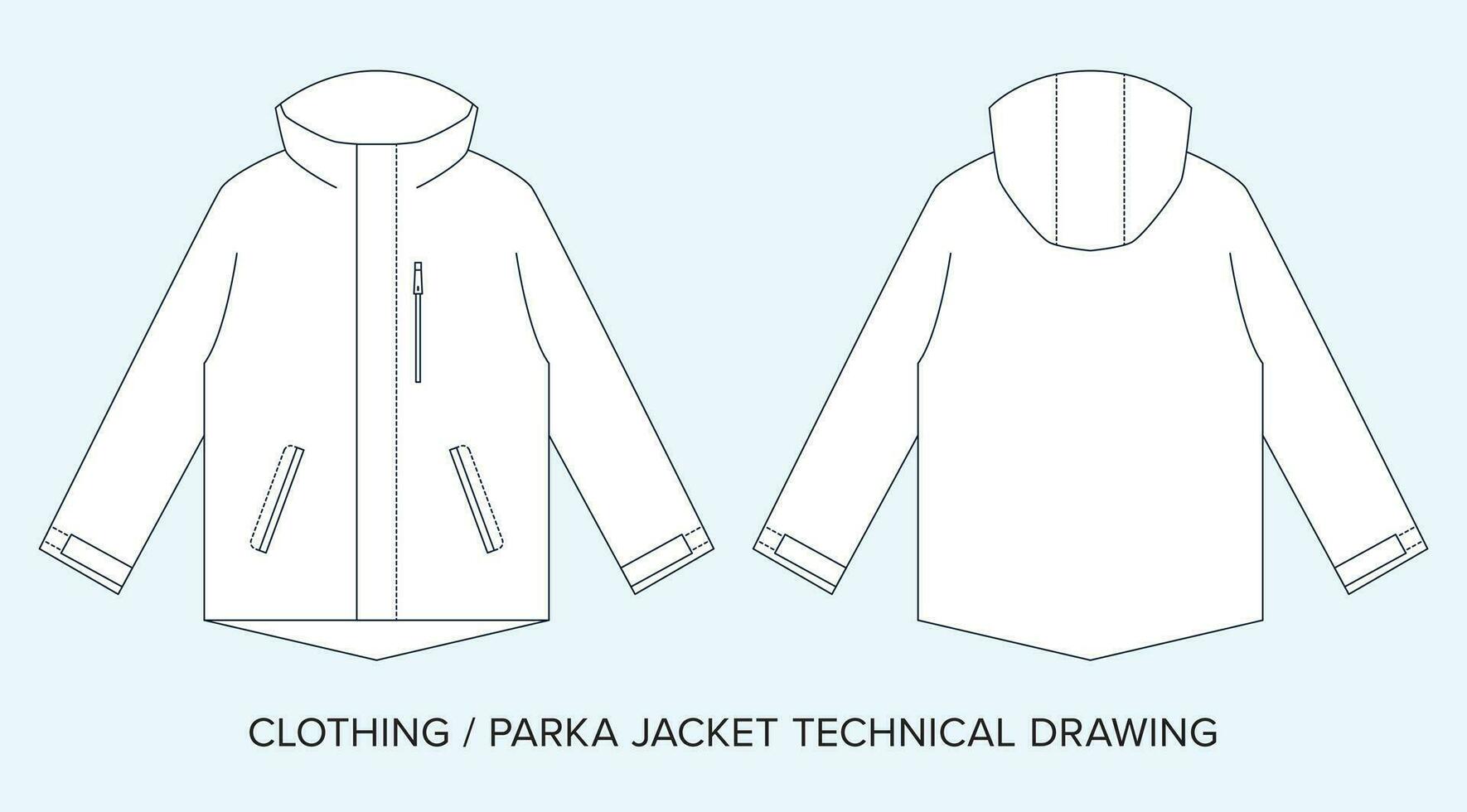 Hooded Parka, Technical Drawing, Apparel Blueprint for Fashion Designers vector