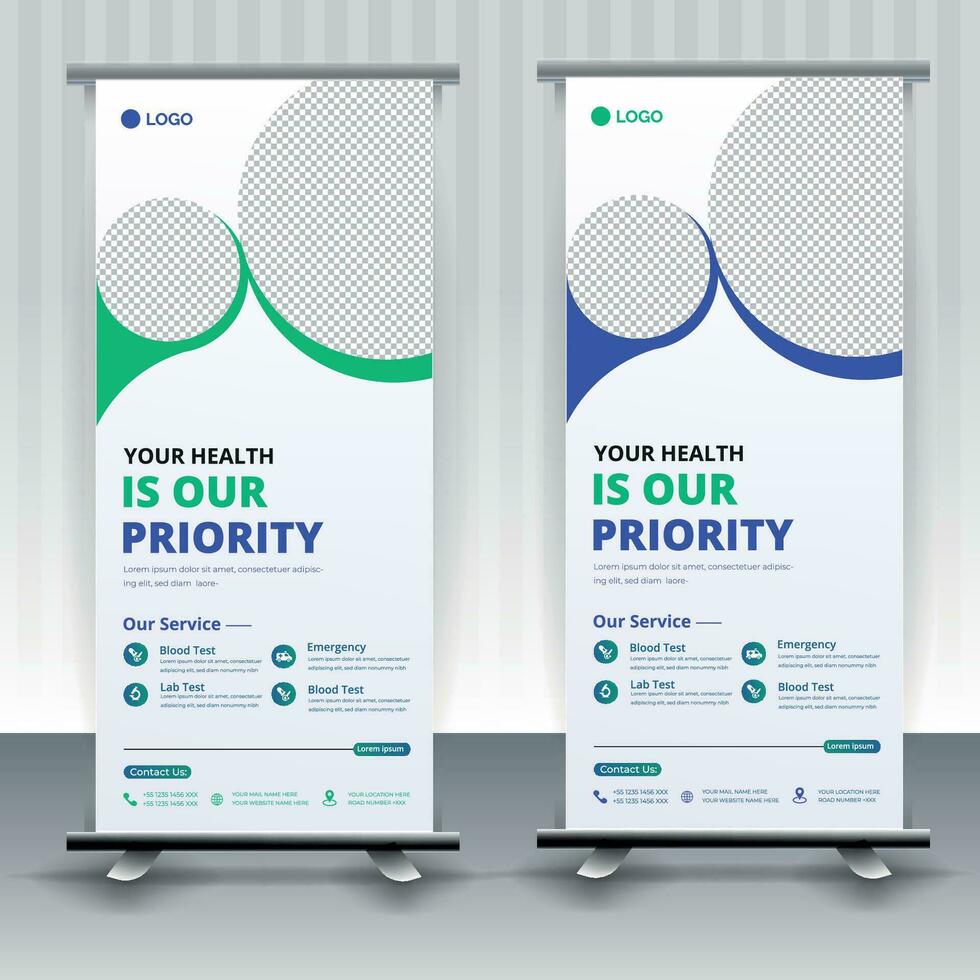 Modern healthcare and medical roll up design for hospital doctor clinic dental. standing banner template decoration for exhibition, printing, presentation, elegant layout. vector