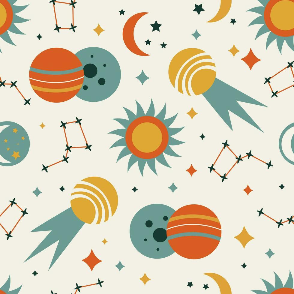 Solar Eclipse seamless pattern in flat cartoon style. Perfect for kids fabric, textile, nursery wallpaper. Vector illustration.