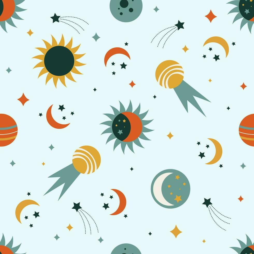 Solar Eclipse seamless pattern in flat cartoon style. Perfect for kids fabric, textile, nursery wallpaper. Vector illustration.