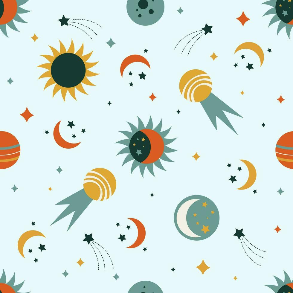 solar eclipse sin costura modelo en plano dibujos animados estilo. Perfecto para niños tela, textil, guardería fondo de pantalla. vector ilustración.