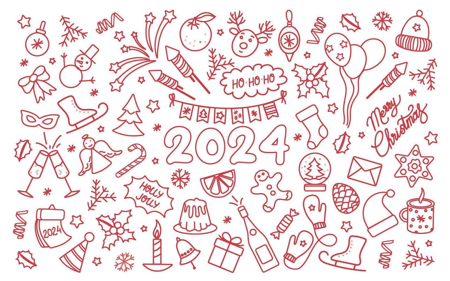 nuevo año garabatear vector colocar. contento invierno fiesta garabatear saludo tarjeta con escrito letras 2024. Navidad fiesta relacionado objetos y elementos fuegos artificiales, fiesta, etc.