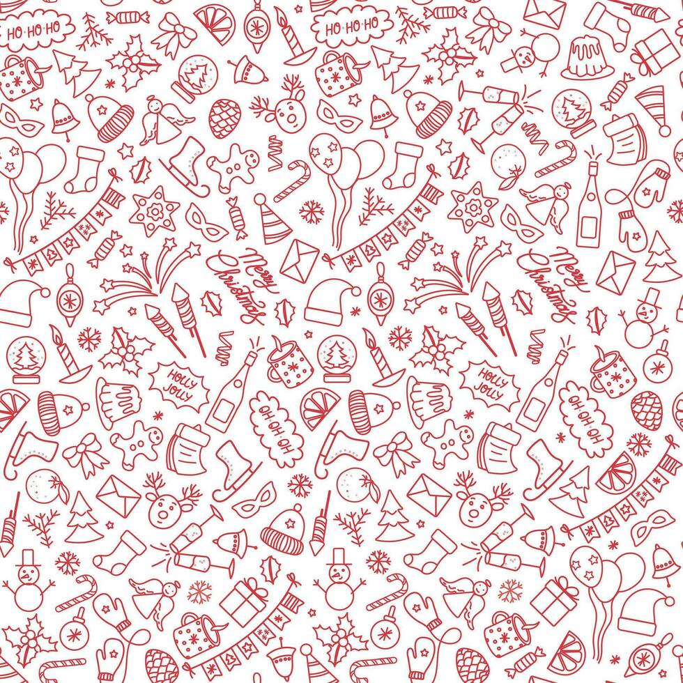 Cute Christmas seamless pattern. Vector hand-drawn illustration in doodle style. New Year's gifts, Christmas balls, twigs, garlands, stars, festive confetti. Perfect for wrapping paper, packaging.