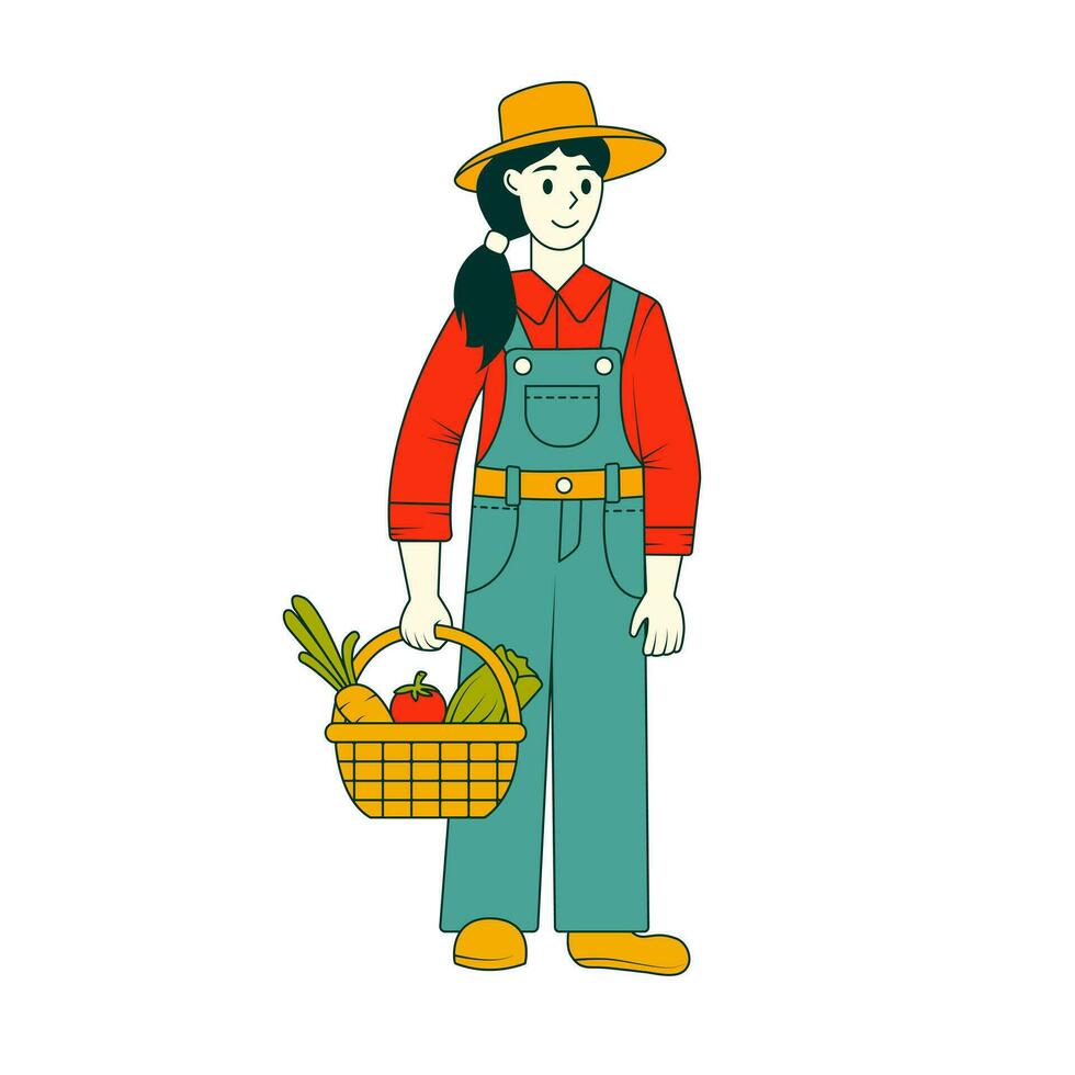 el niña granjero con un cesta de vegetales cosechado vector ilustración.