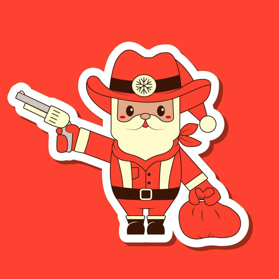 Sticker Santa Claus Cowboy vector illustration in Retro Groove style on red background. Sheriff in the Wild West. New Year's and Christmas party 2024 in the style of western.