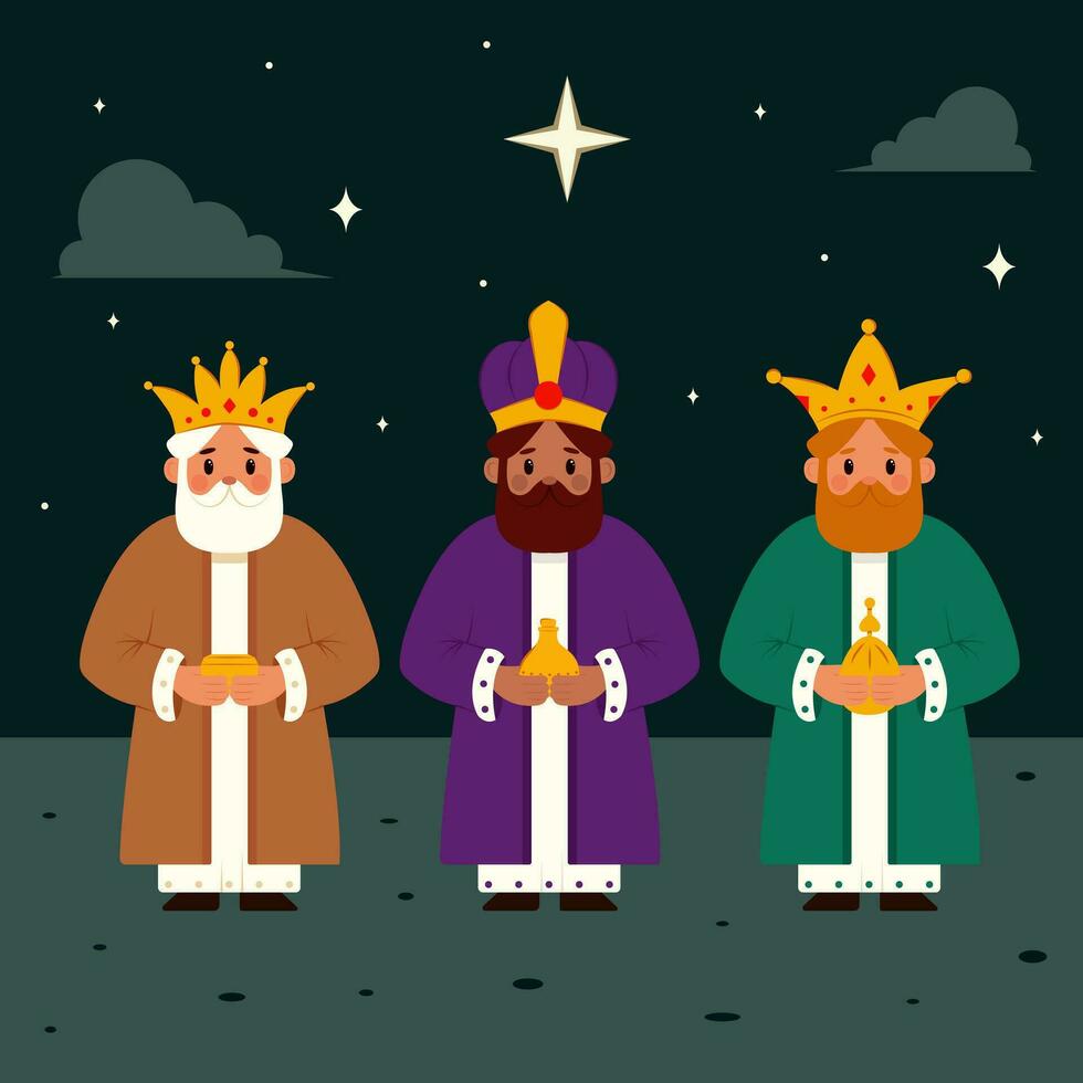 Three kings with gifts going to the light of the star of Bethlehem to meet the newborn King, Jesus Christ. Vector illustration. Biblical scene with the three wise men.