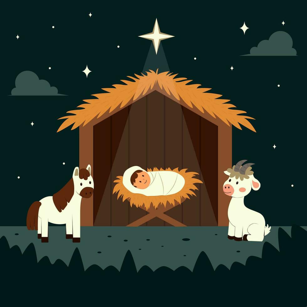 Christmas nativity scene of born child baby Jesus Christ in the manger. Biblical scene. Vector illustration.