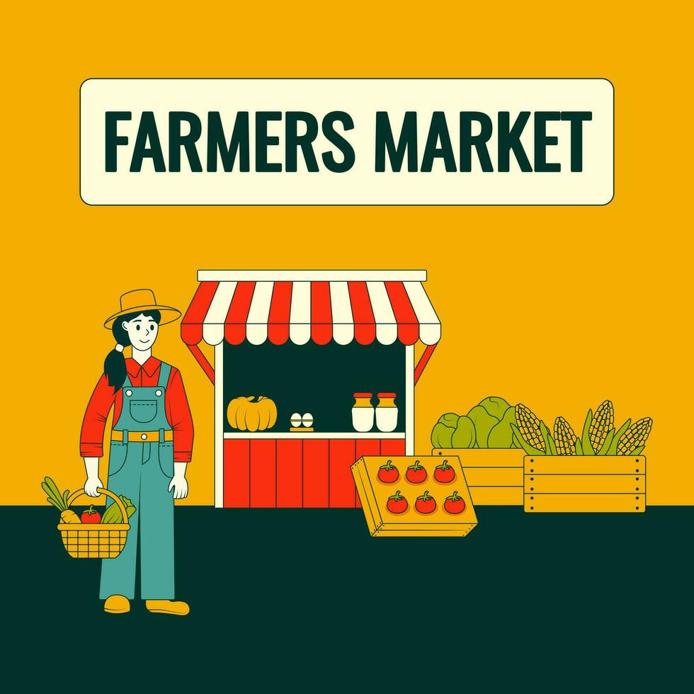 Products from the farmer market. The farmer sells natural organic products in his kiosk. Fresh vegetables and fruits, milk. Vector illustration in retro flat style