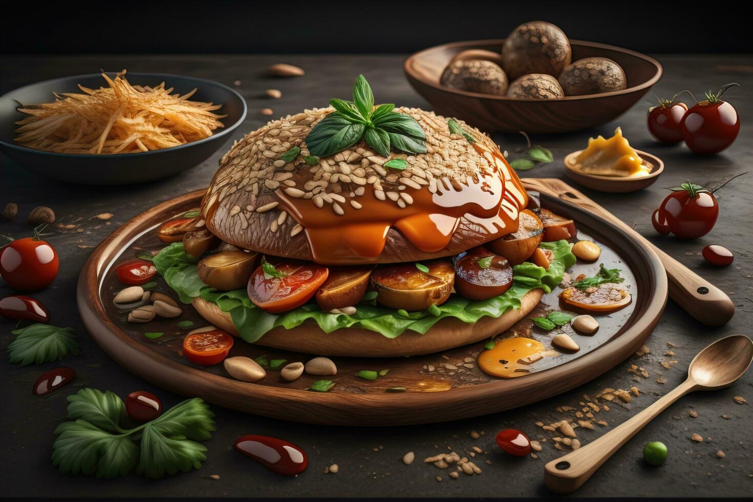 AI generated Homemade hamburger with fresh vegetables and spices on dark wooden background. ai generative photo