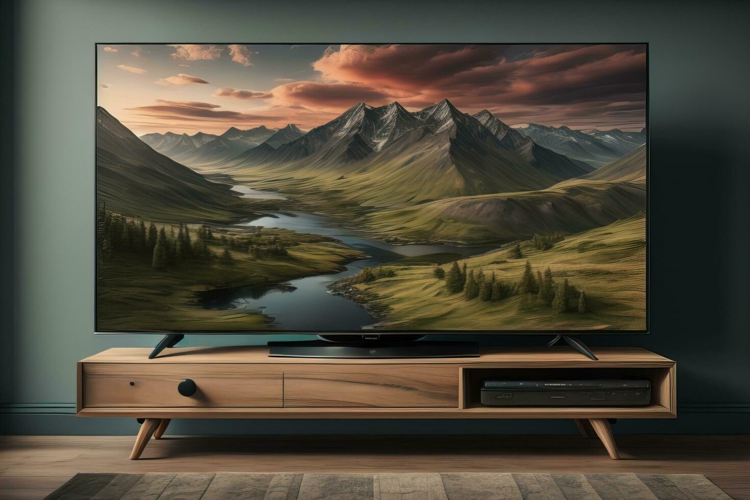 AI generated TV on the wooden cabinet in modern living room. ai generative photo