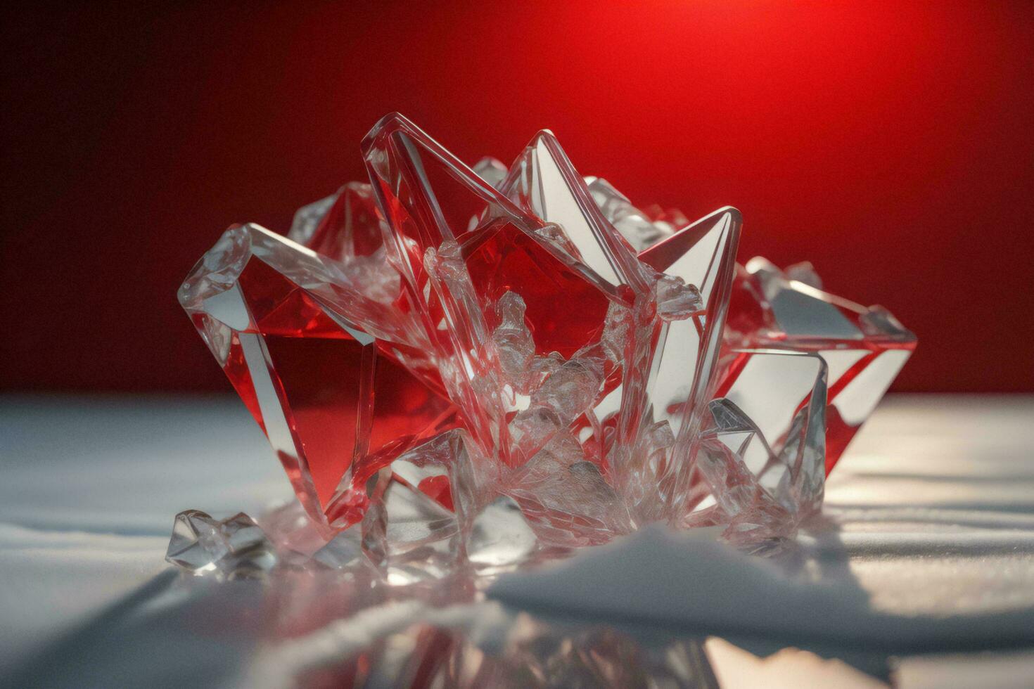 AI generated Ice cubes on a white table, red background. Close-up. ai generated photo