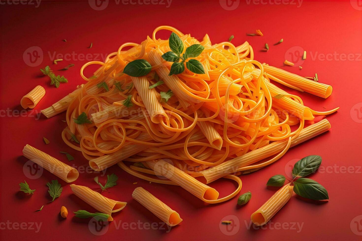 AI generated Italian pasta with basil and parmesan cheese on a red background. generative ai photo