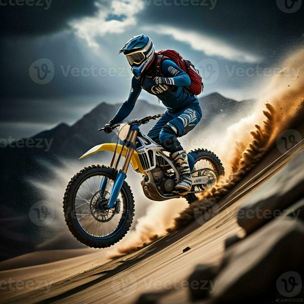 ai generado motocross jinete en acción en el desierto. generativo ai foto