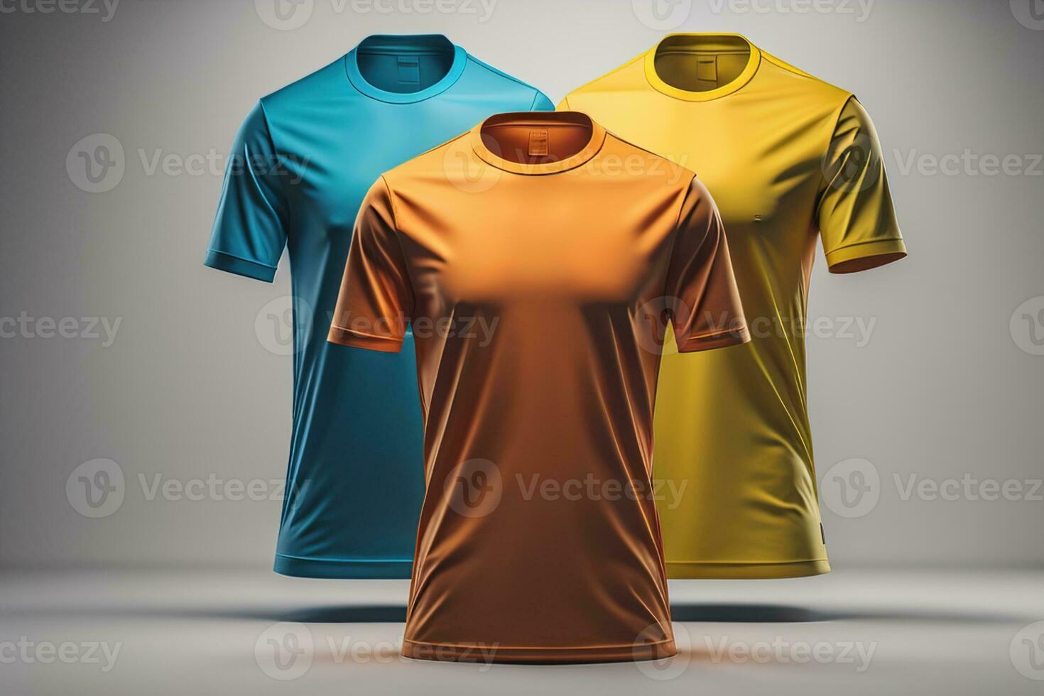 AI generated Colored t-shirts on grey background. Mock up, generative ai photo
