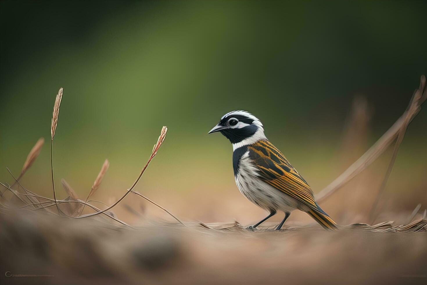 AI generated Reed bunting, Emberiza schoeniclus, single bird on grass, Wales. generative ai photo