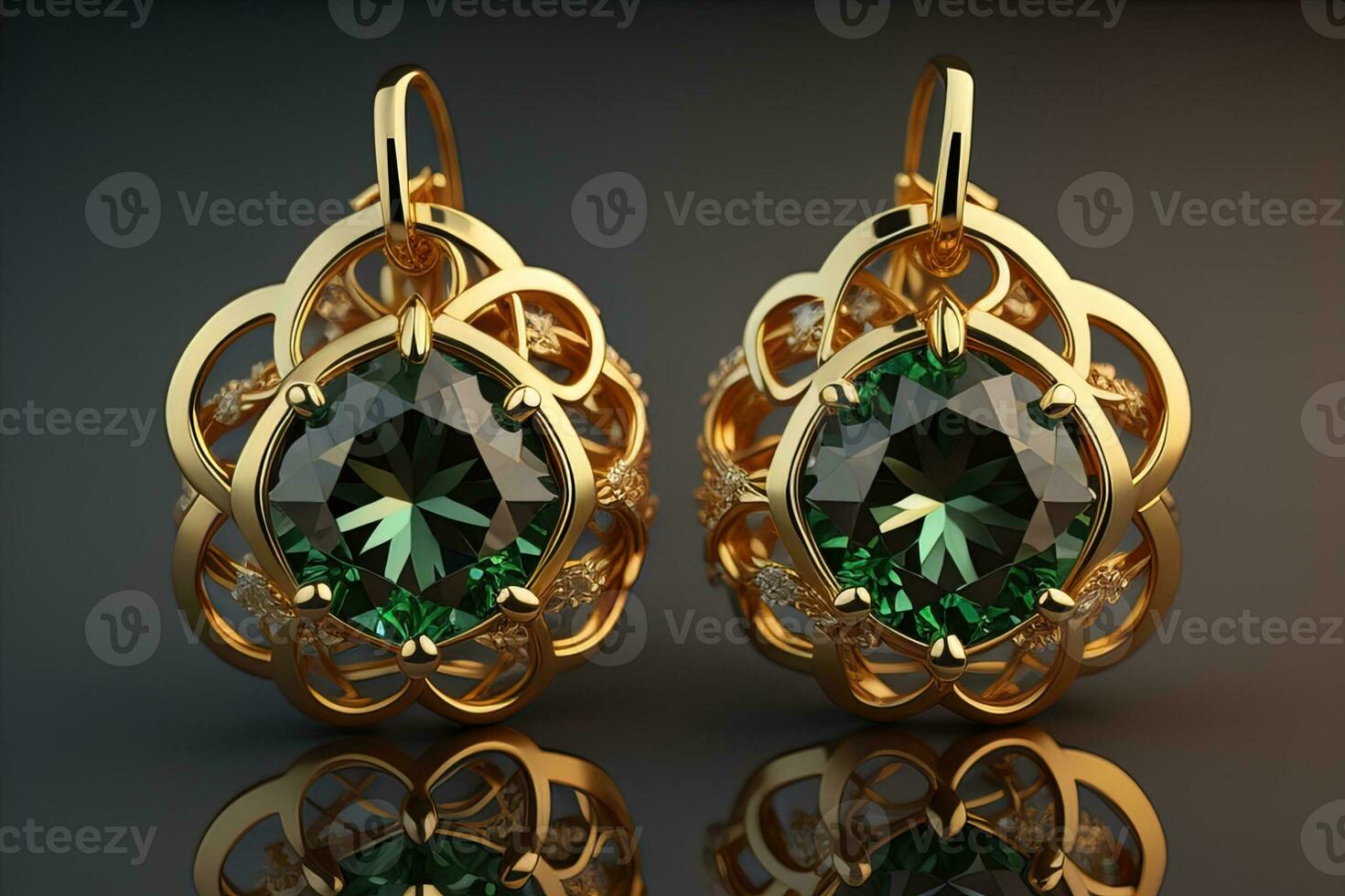 AI generated Earrings made of gold on a solid color background close up. ai generative photo