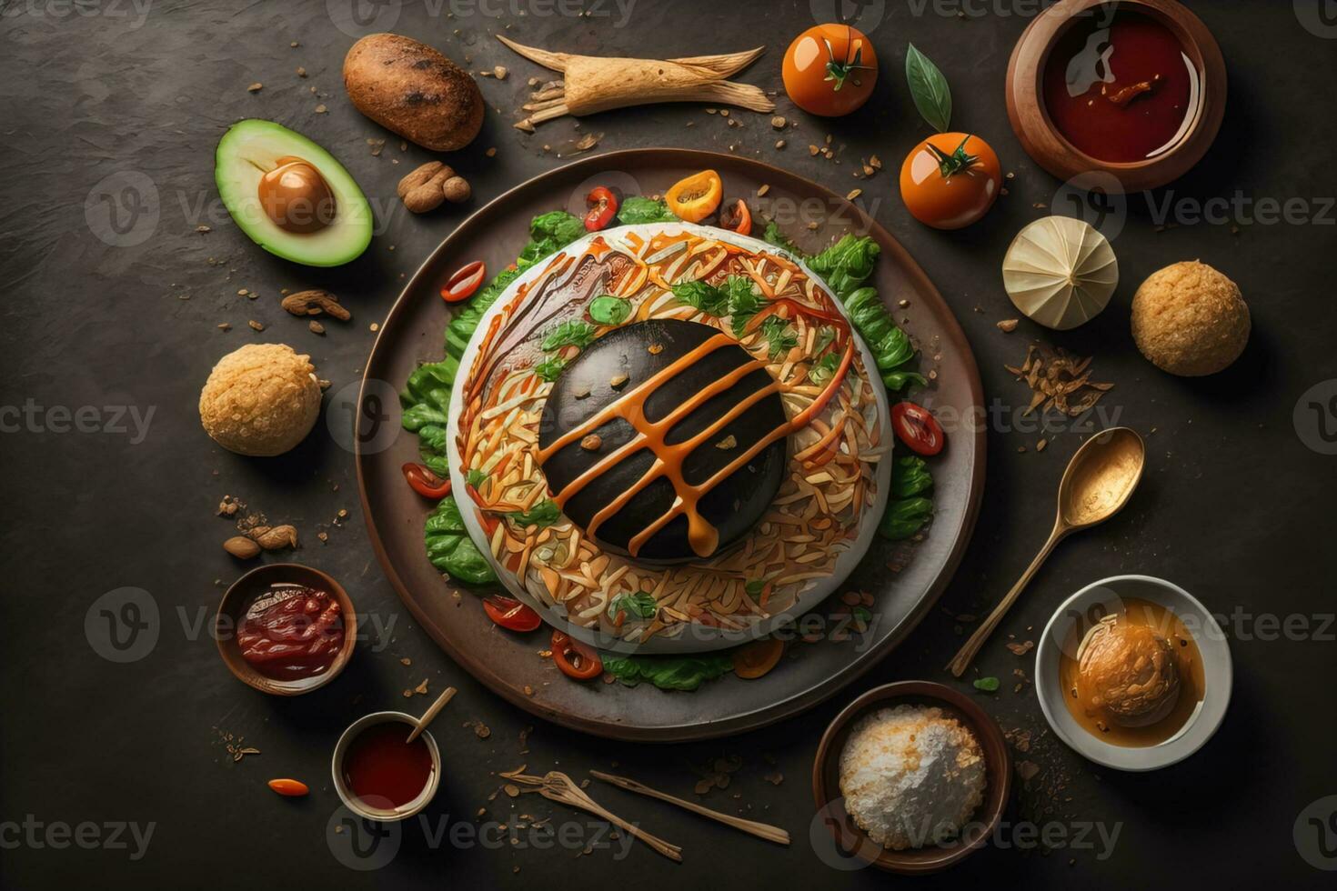 AI generated Homemade hamburger with fresh vegetables and spices on dark wooden background. ai generative photo