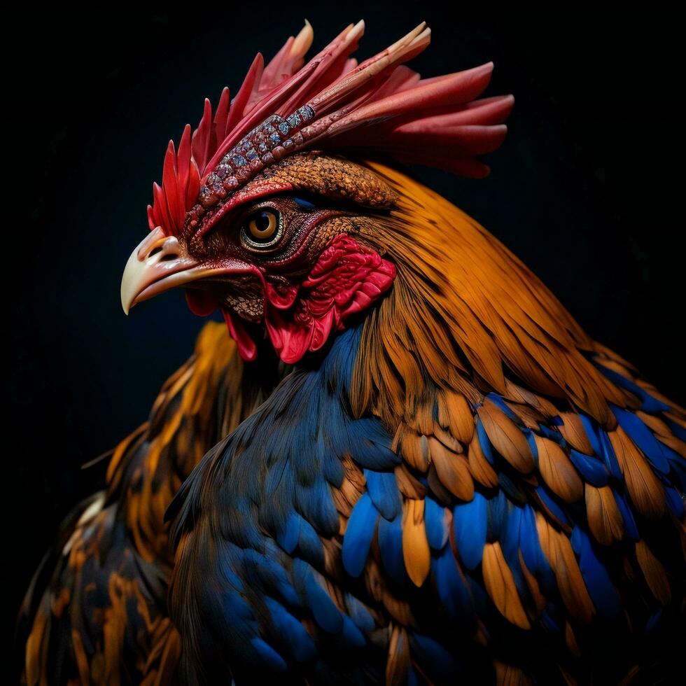 AI generated Colorful rooster on a black background. Close-up. generative ai photo