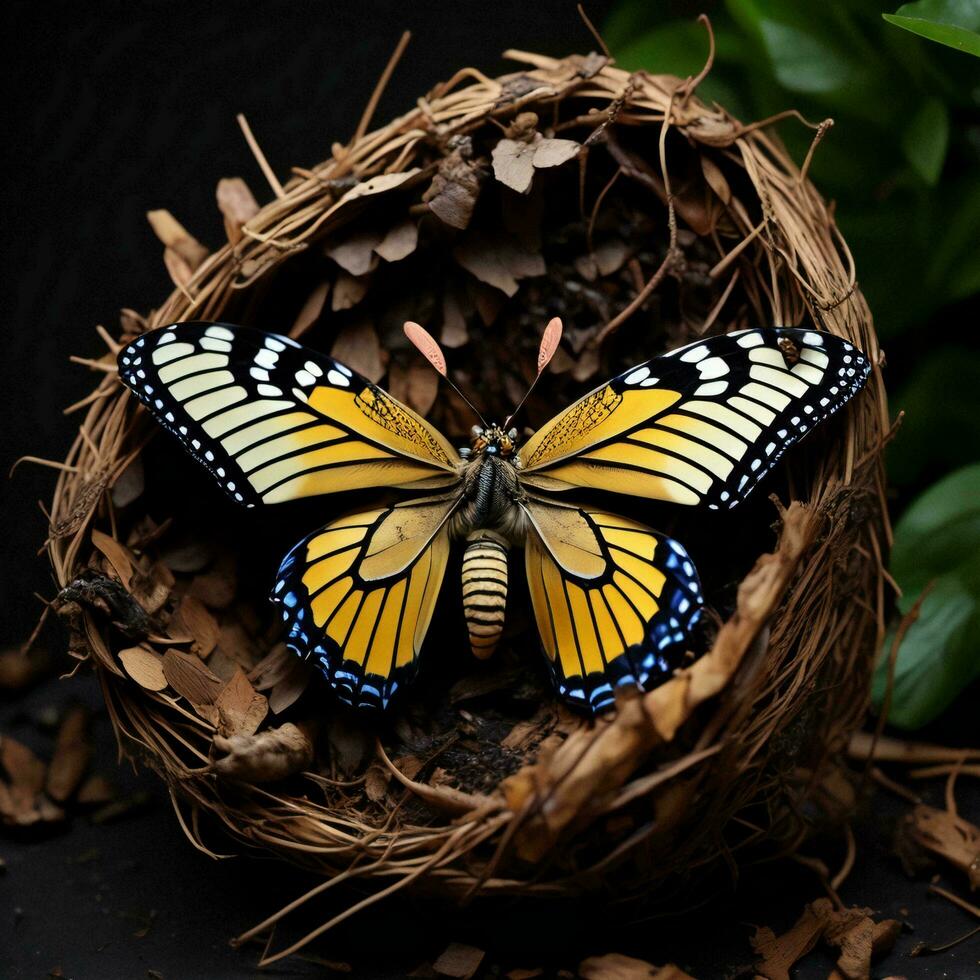AI generated Butterfly in a nest on a black background with leaves. generative ai photo