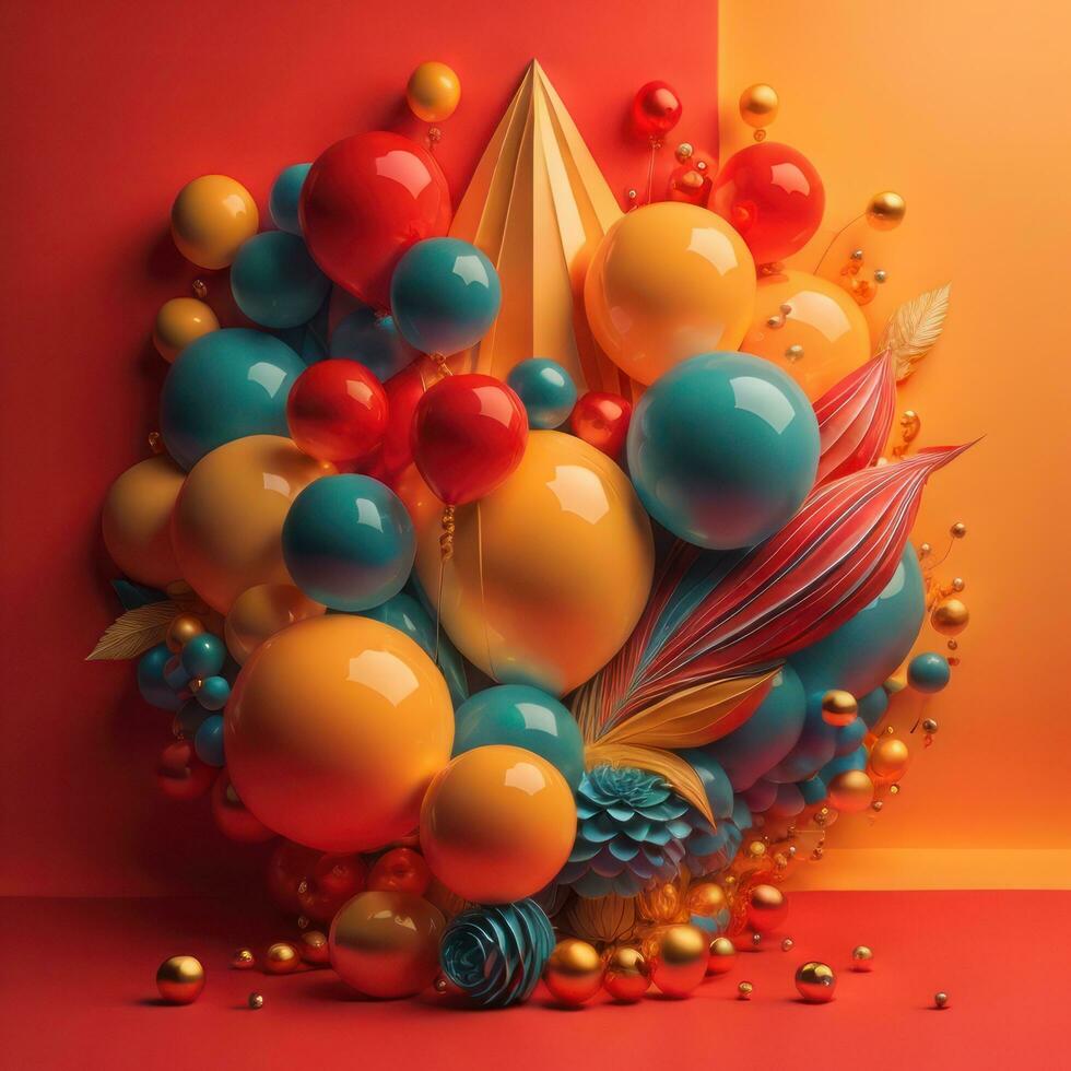 AI generated abstract composition with multicolored balloons and paper plane. generative ai photo