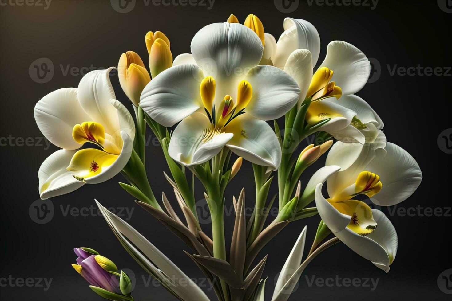 AI generated Bouquet of crocus and tulips on solid color background. ai generative photo