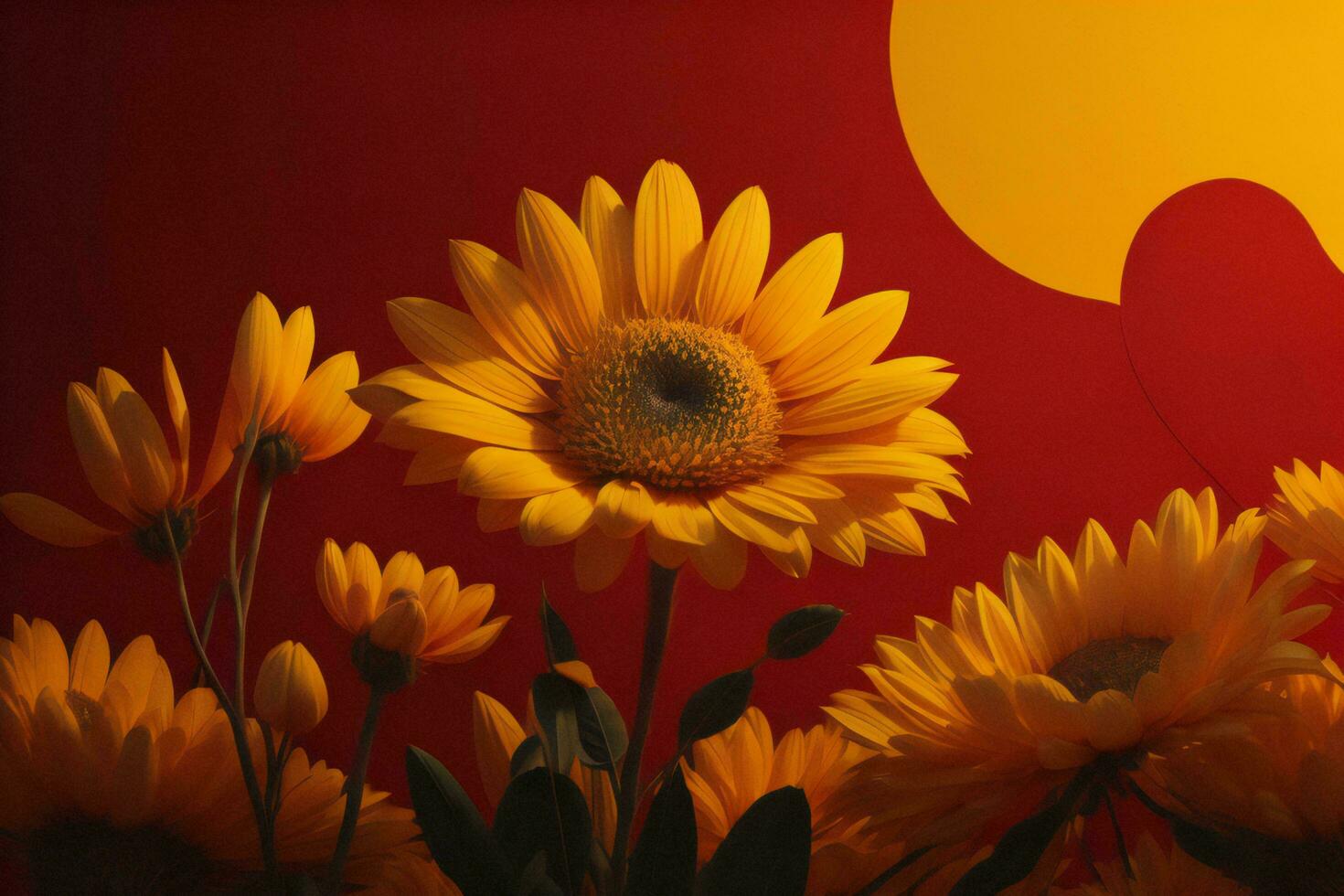 AI generated sunflowers on a red background with the sun in the background. ai generated photo