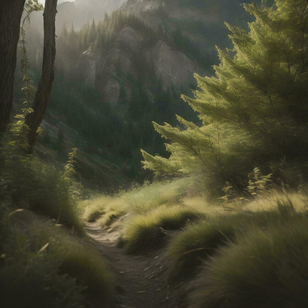 AI generated Hiking trail in the mountains in the rays of the setting sun. generative ai photo
