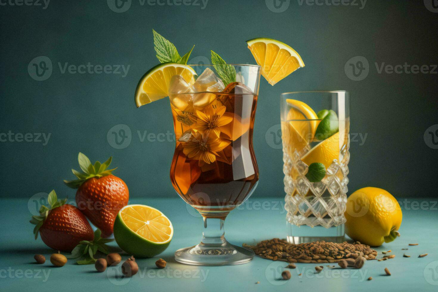 AI generated Glasses of Cuba Libre cocktail with ice and fruits on blue background. ai generated photo