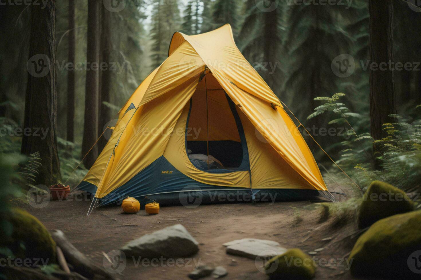 AI generated Camping tent in the forest. Travel and adventure concept. Vintage tone. generative ai photo