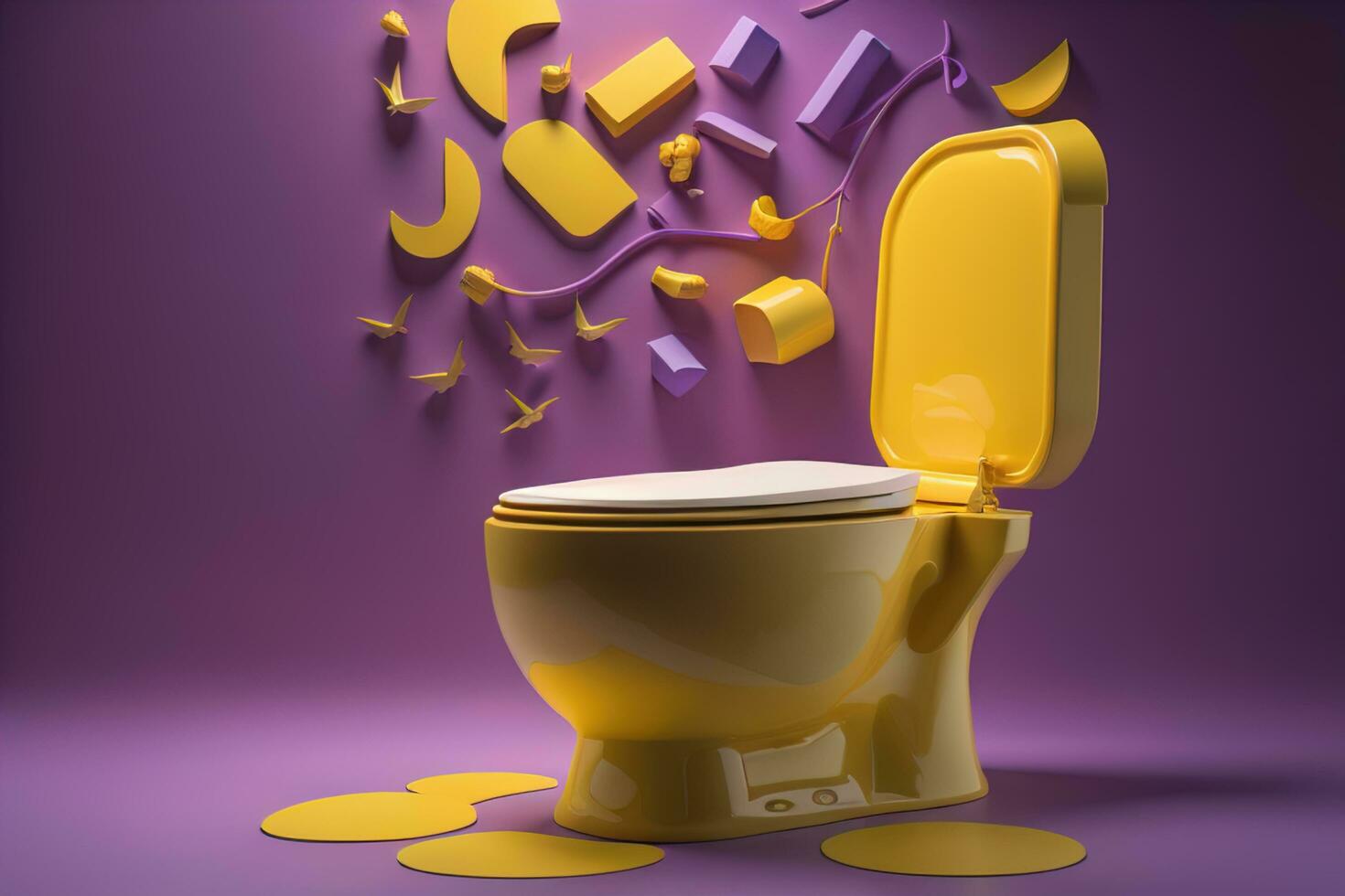 AI generated Toilet bowl with yellow toilet paper on purple background. generative ai photo