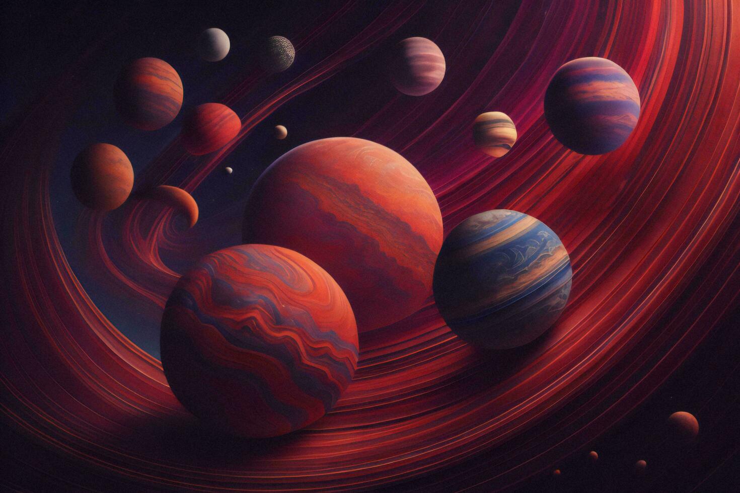 AI generated planets in space with red and orange color background. generative ai photo