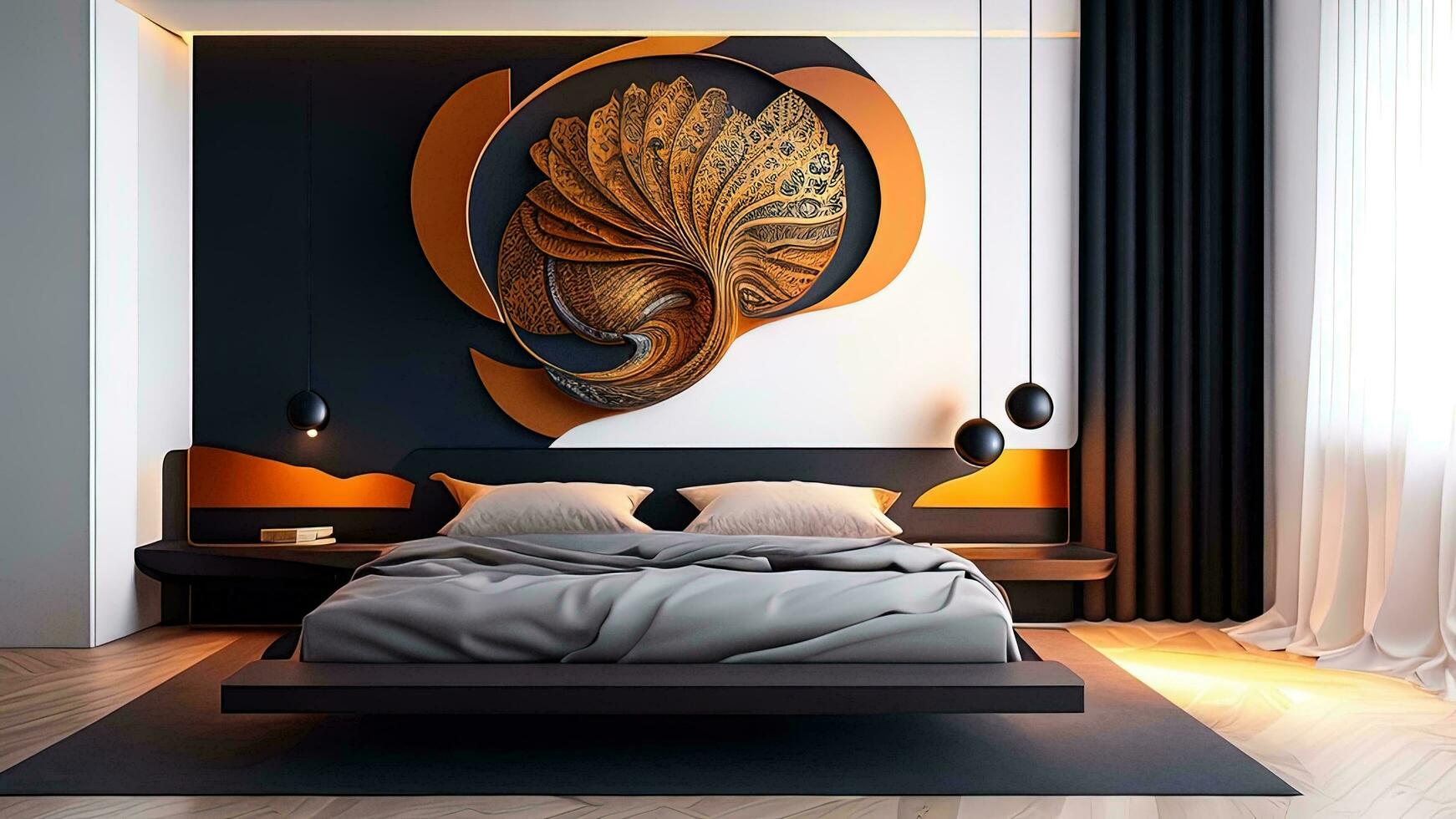 AI generated Modern bedroom interior design with black and orange walls, wooden floor, comfortable king size bed and round bedside tables with pillows. generative ai photo