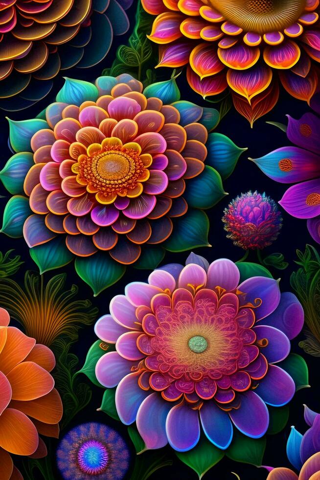 AI generated Abstract fractal background with flowers. generative ai photo