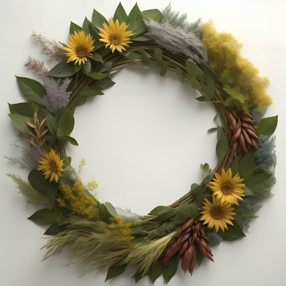 AI generated Flower wreath with sunflowers and feathers on white background. generative ai photo