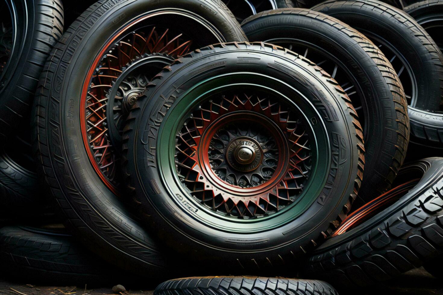 AI generated Old car tires, close-up. Auto service industry background. ai generated photo