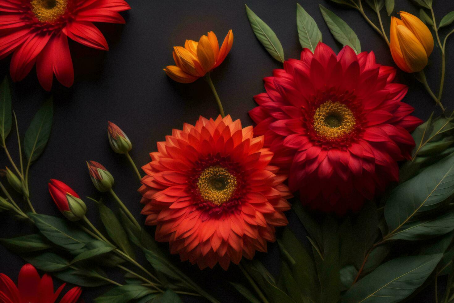 AI generated top view of beautiful red and orange gerbera flowers on black background. ai generated photo