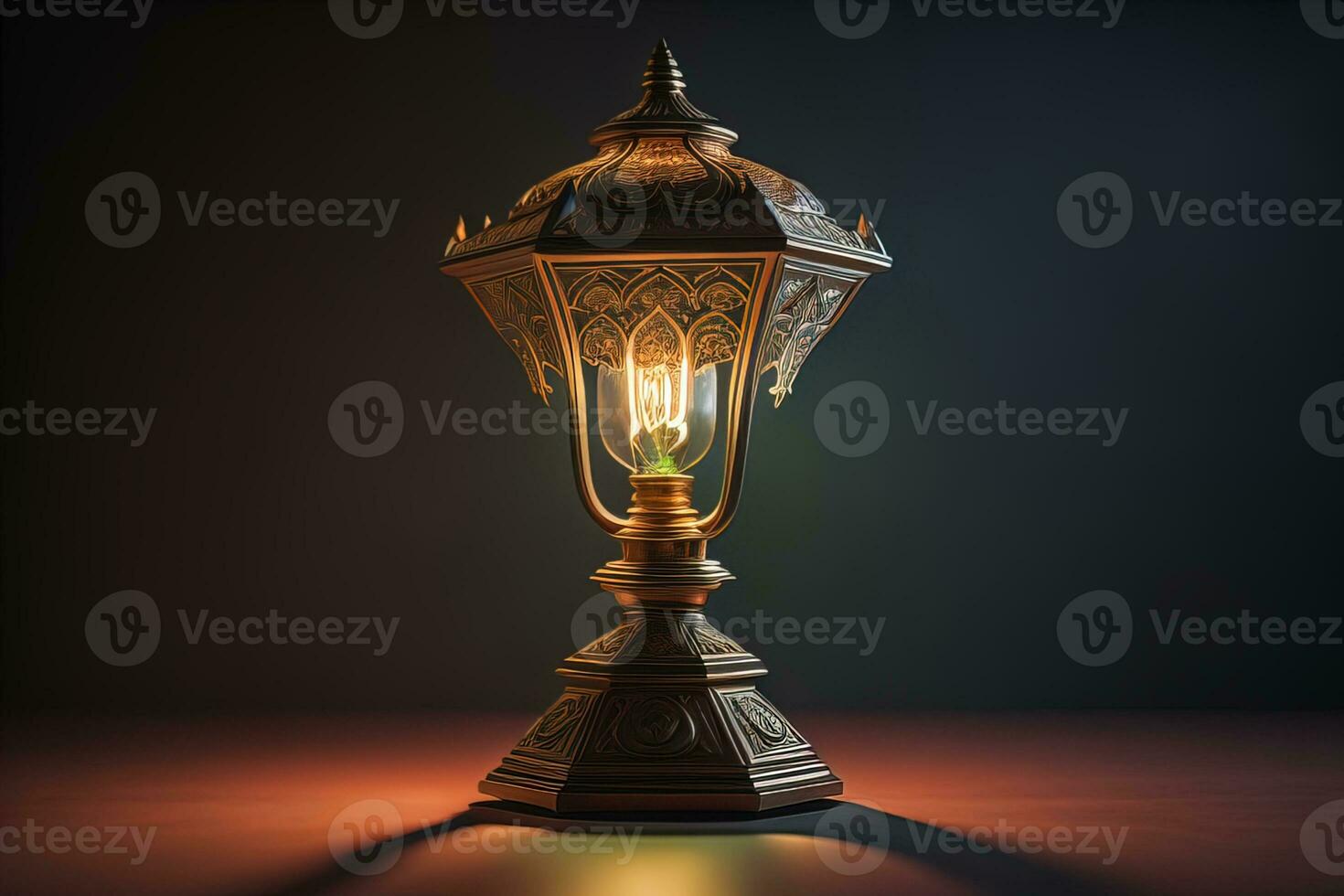 AI generated Lantern on a wooden table and a dark background. ai generative photo