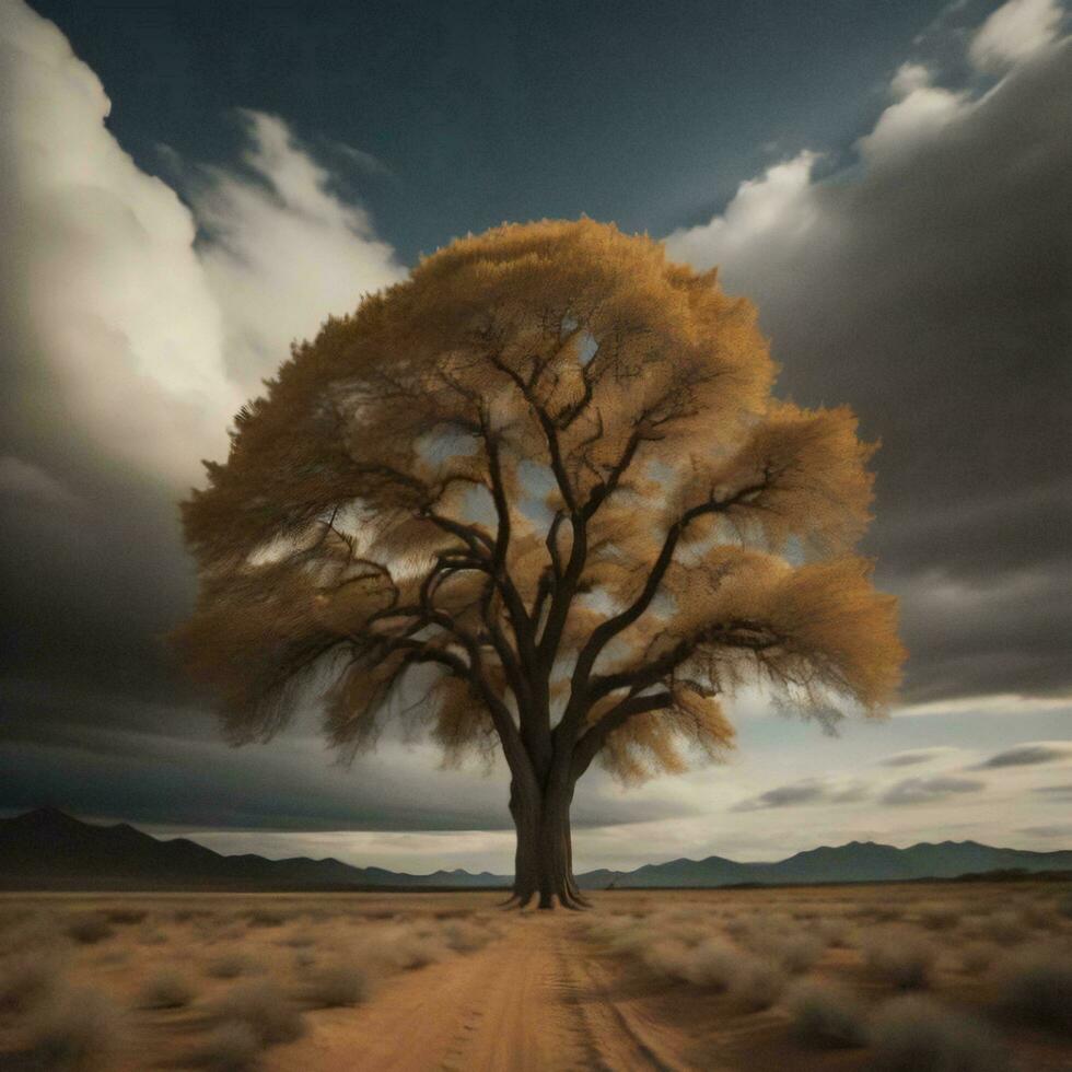 AI generated Dramatic sky over a tree in the desert. generative ai photo