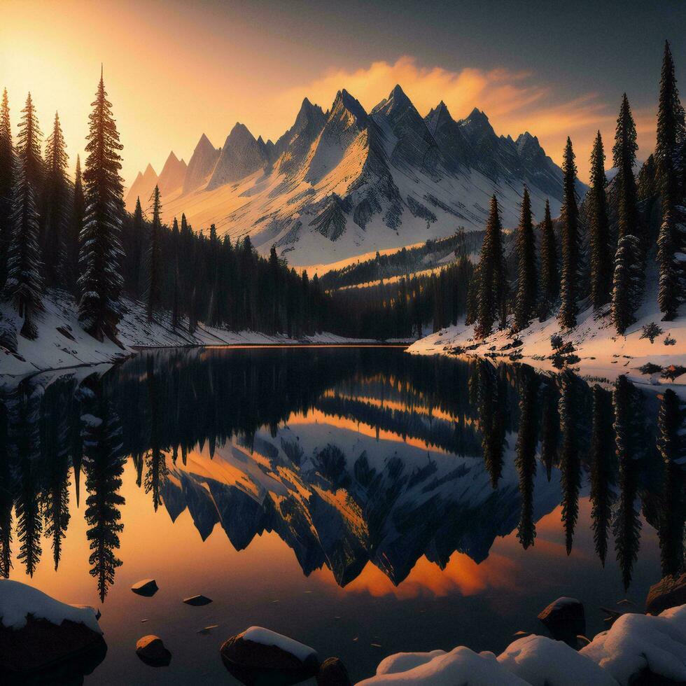 AI generated Mountain lake at sunset with reflection in the water. Winter landscape. generative ai photo