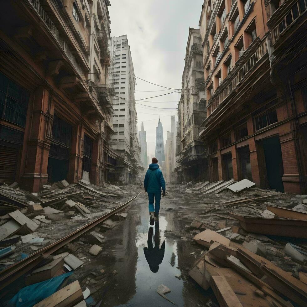 AI generated A man walks through the destroyed streets of the city. generative ai photo