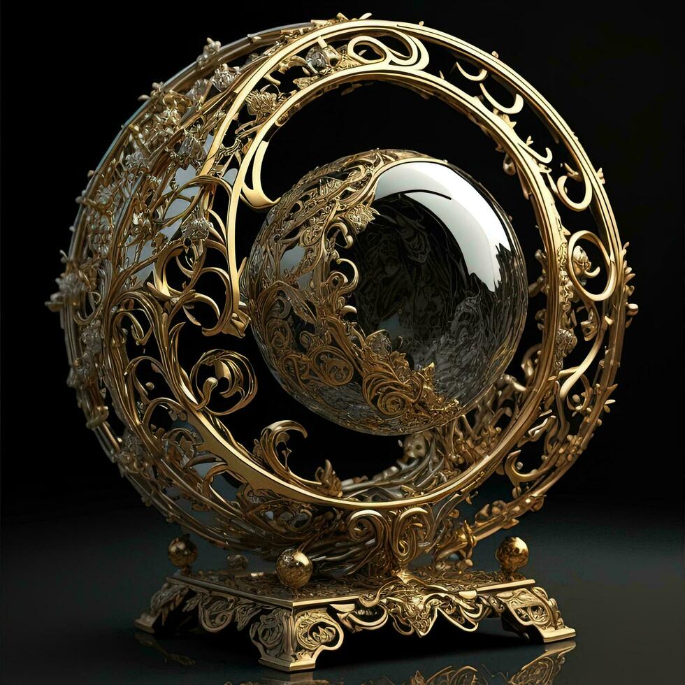 AI generated crystal globe with golden frame on black background. generative ai photo