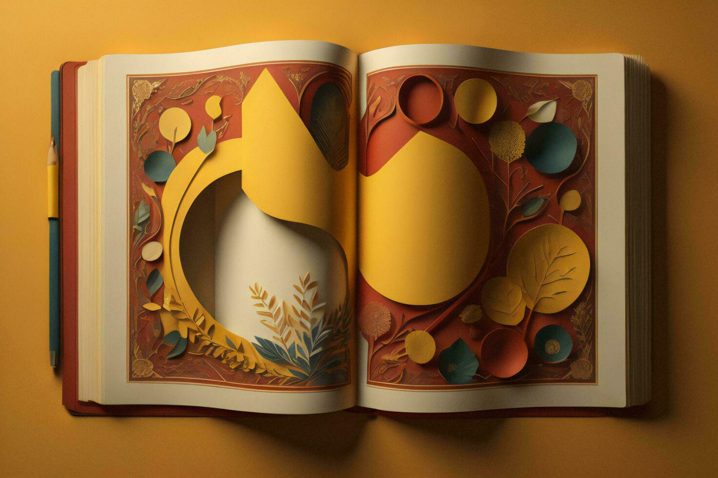 AI generated Open book with floral ornament on orange background. ai generated photo