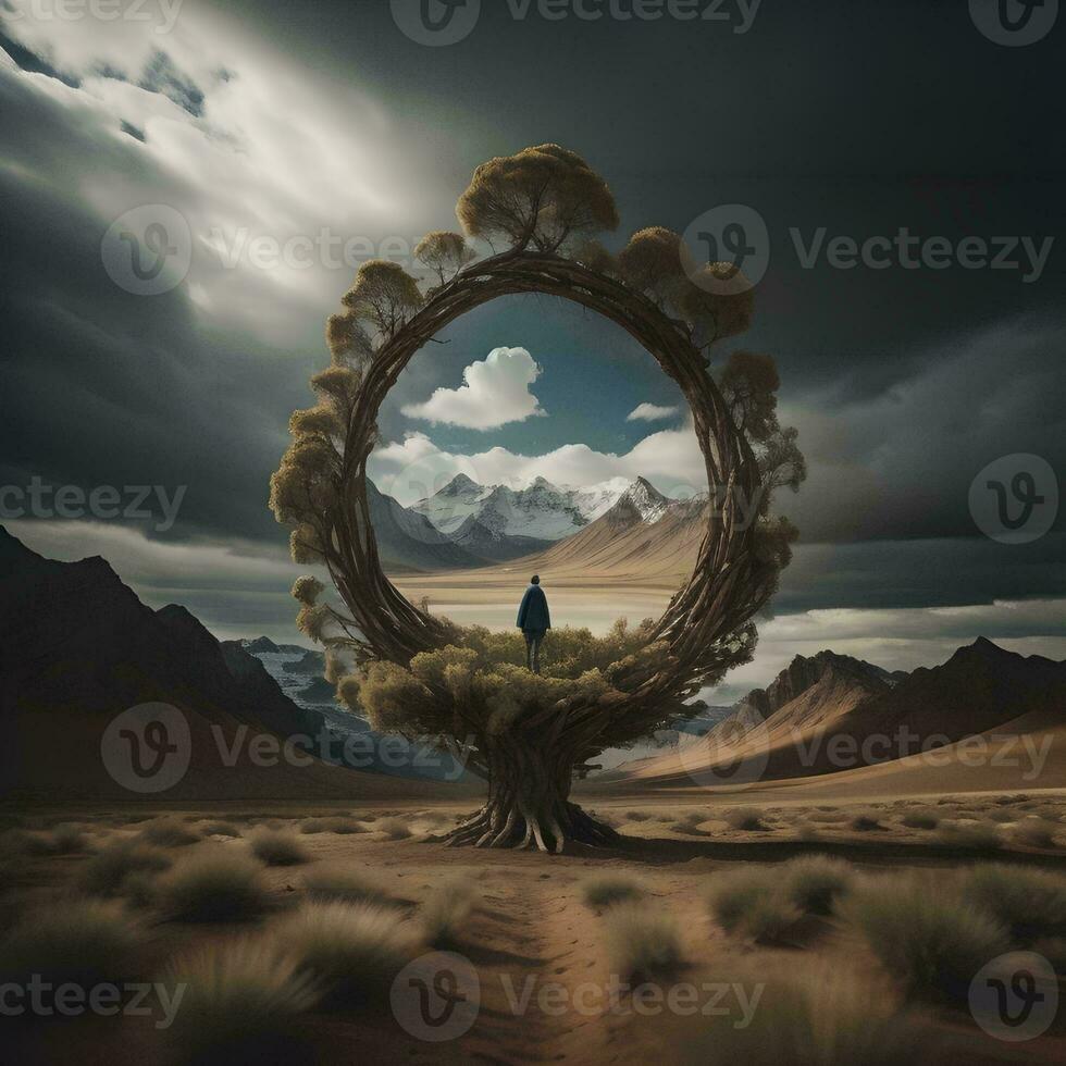AI generated Conceptual image of a man standing in the middle of a desert. generative ai photo