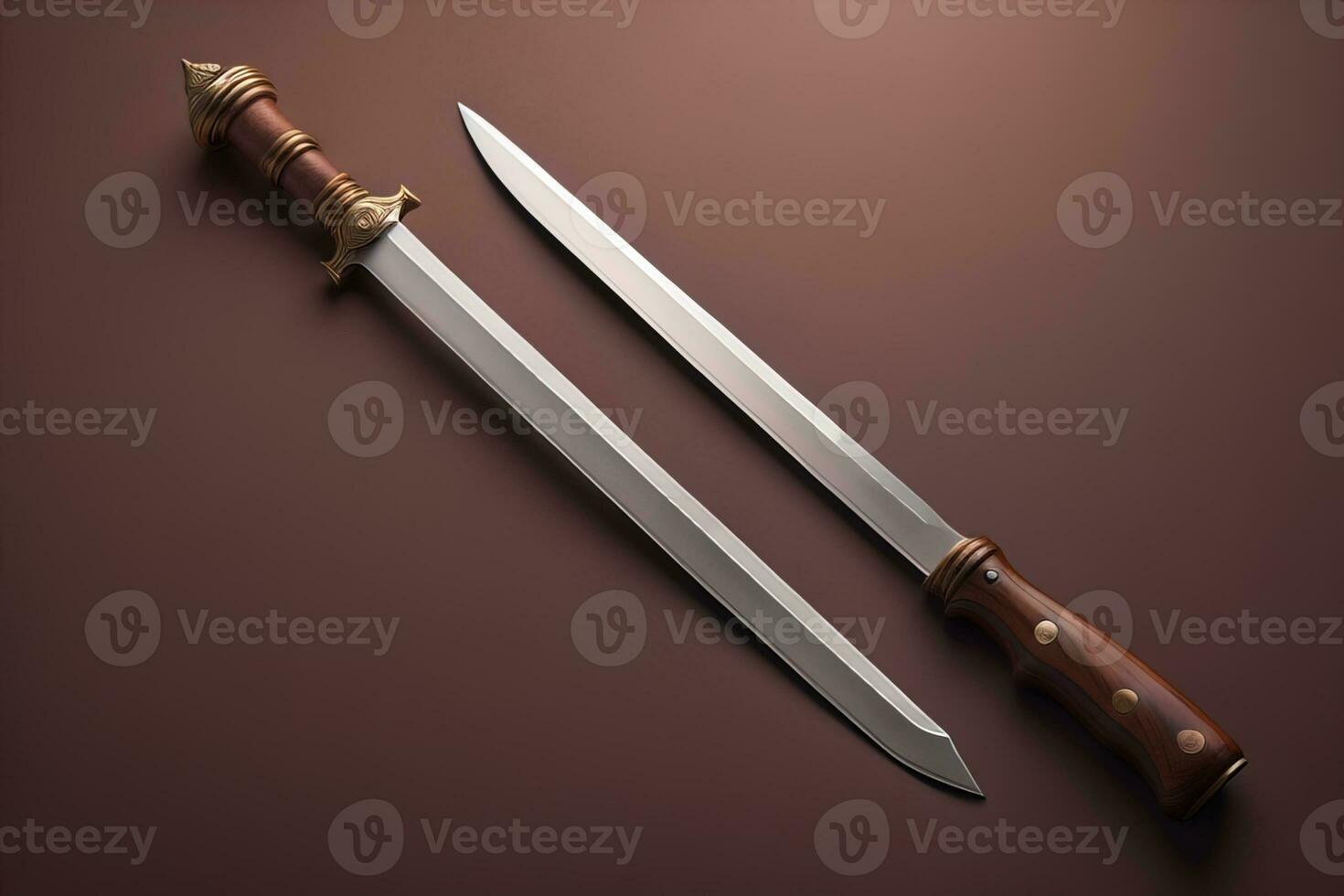 AI generated Two swords on a brown background, close-up, top view. generative ai photo