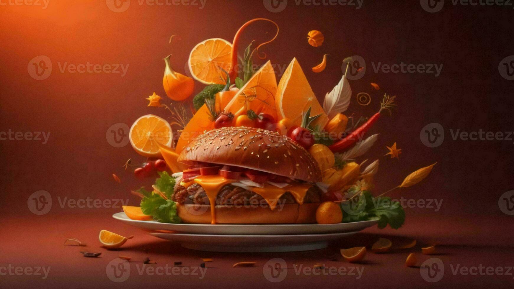 AI generated Hamburger with vegetables and fruits on a dark background. Concept of fast food. generative ai photo
