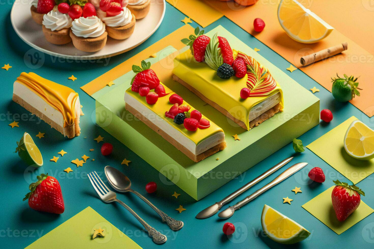 AI generated Piece of cake decorated with fresh berries and fruits on blue background. generative ai photo