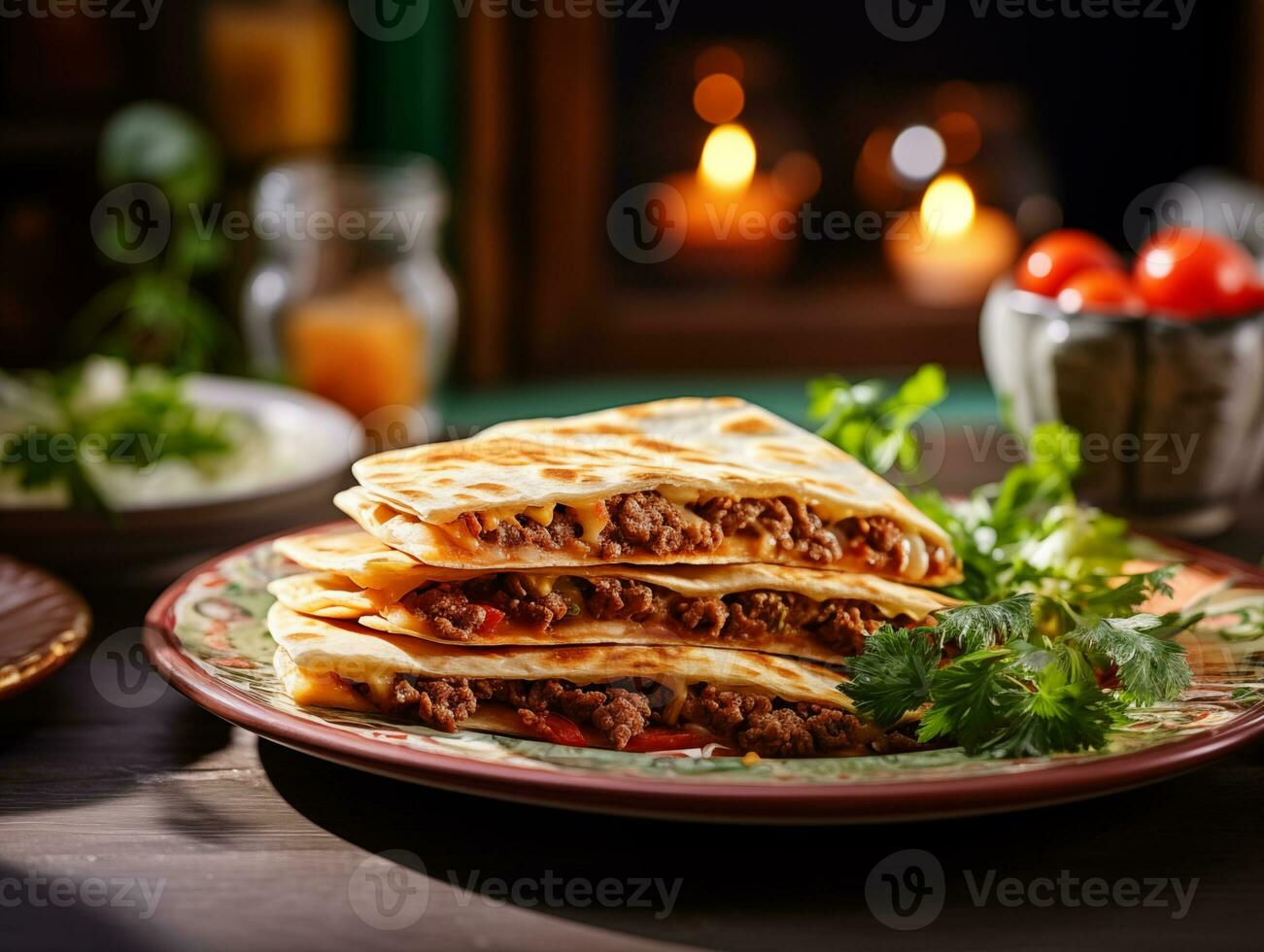 AI generated Delicious Mexican quesadilla with minced meat, vegetables and greens. Traditional food, Latin American, Mexican cuisine. Photorealistic, background with bokeh effect. AI generated. photo