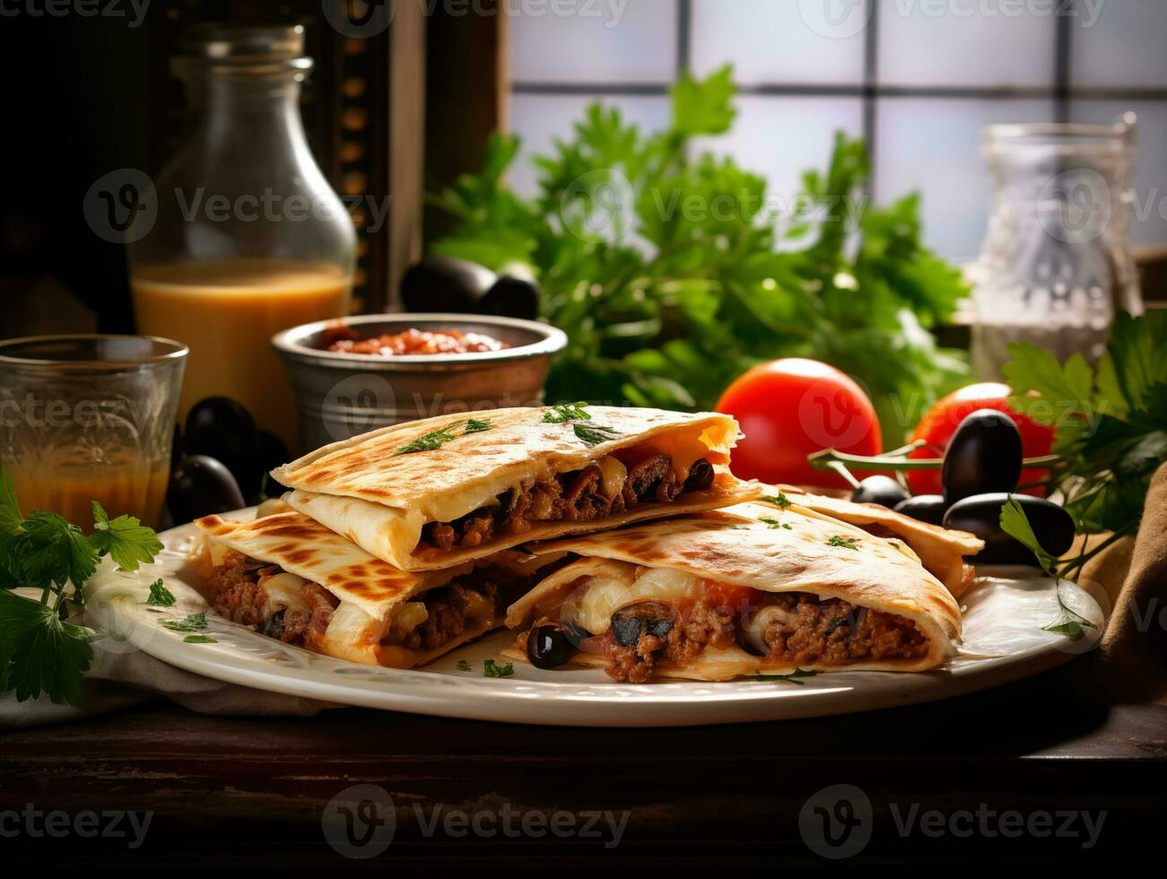 AI generated Delicious Mexican quesadilla with minced meat, vegetables and greens. Traditional food, Latin American, Mexican cuisine. Photorealistic, background with bokeh effect. AI generated. photo